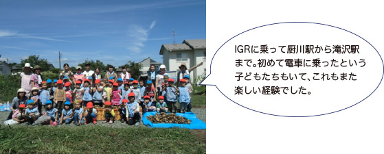 画像：IGRに乗って厨川駅から滝沢駅 まで。初めて電車に乗ったという子どもたちもいて、これもまた楽しい経験でした。